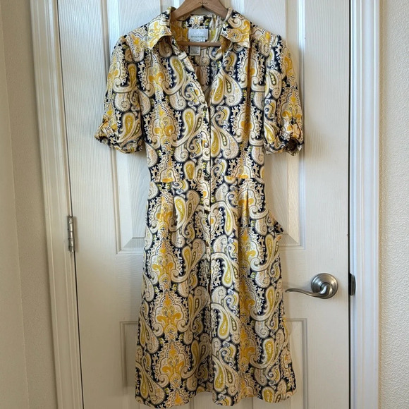 DM Donna Morgan Paisley Print Puff Sleeve Front Button Midi Dress 100% Silk sz 6 - Picture 1 of 11